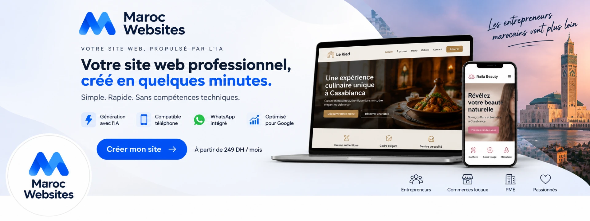 Maroc Websites — exemples de sites créés par l'IA pour un restaurant et un salon de beauté au Maroc